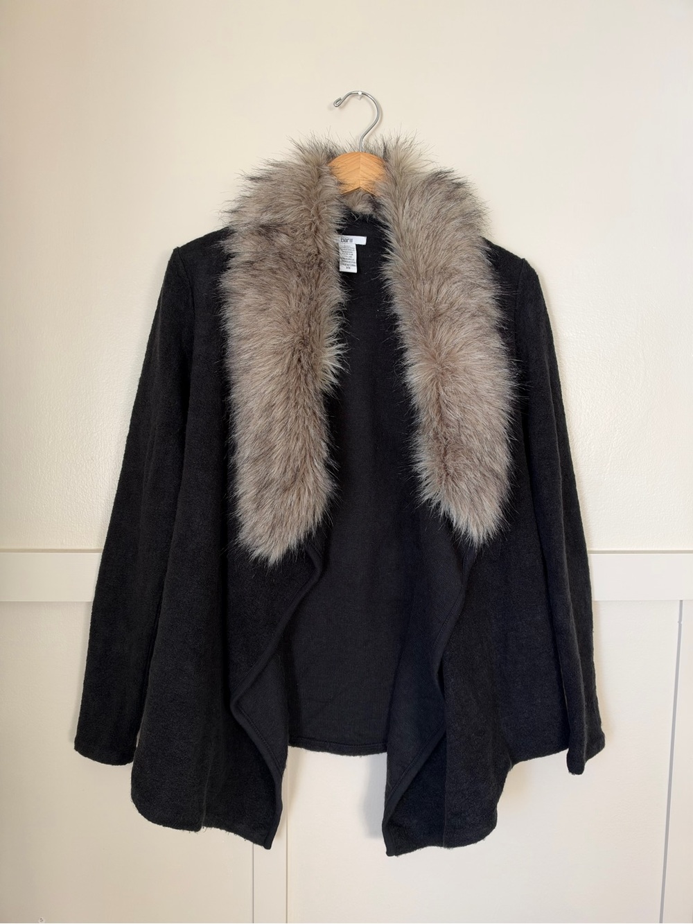 Bar III Black Cardigan Sweater Removable Faux Fur Collar XS Cotton Wool Blend